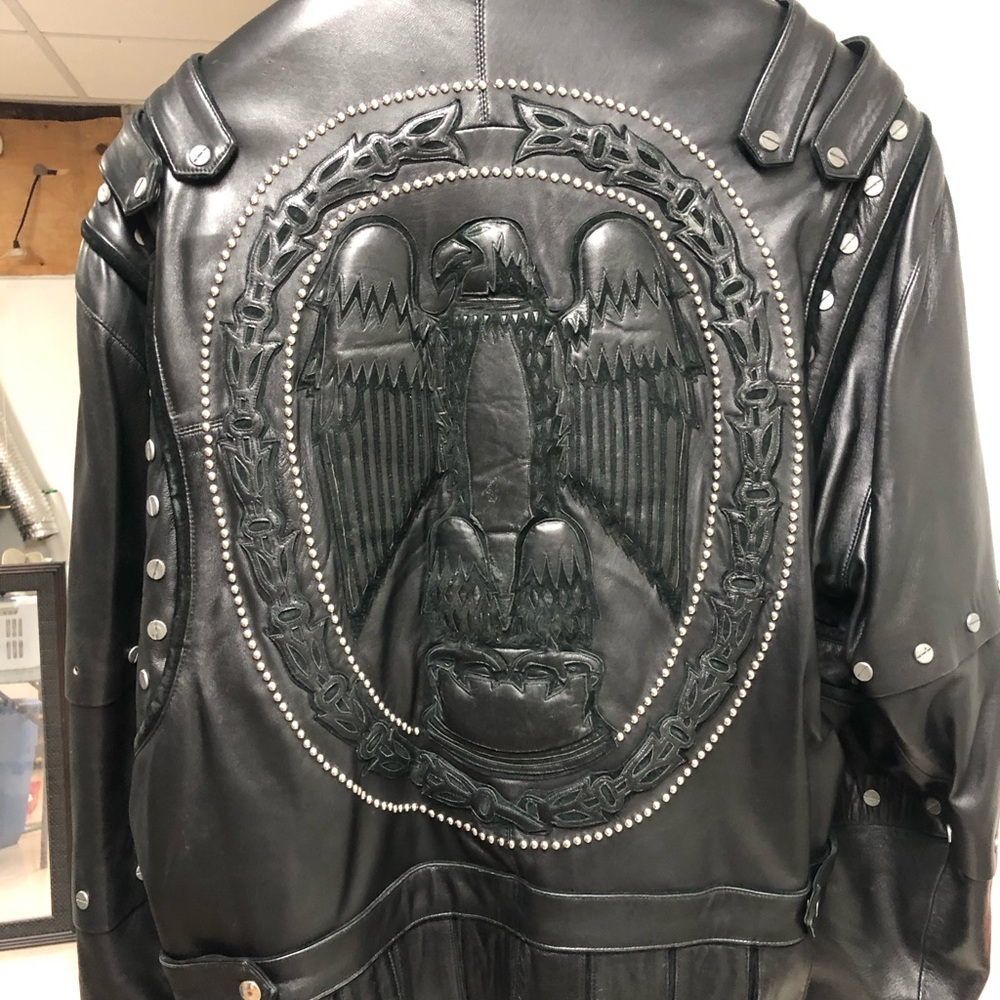 Men's Black Leather Bomber Jacket with Eagle Design.